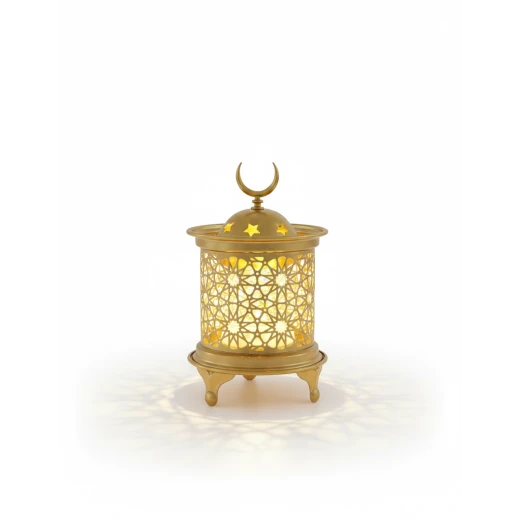 15cm Modern Golden Ramadan Lantern Pattern & Warm LED Lights - Elegant Islamic Decor Fanous for Home and Office, Crescent Moon Top - Dumyah Ramadan - Image 3
