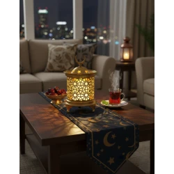 15cm Modern Golden Ramadan Lantern Pattern & Warm LED Lights - Elegant Islamic Decor Fanous for Home and Office, Crescent Moon Top