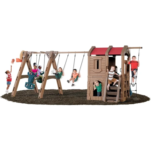 Step2 Naturally Playful Adventure Lodge Play Center with Glider, Kids Outdoor Playset, Two Tier Backyard Playground Set, Slide, Swings, Rope Ladder, Basketball Hoop, Jungle Gym, Children 3-8 Years Old - Step2 - Image 3