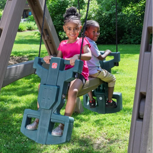 Step2 Naturally Playful Adventure Lodge Play Center with Glider, Kids Outdoor Playset, Two Tier Backyard Playground Set, Slide, Swings, Rope Ladder, Basketball Hoop, Jungle Gym, Children 3-8 Years Old - Step2 - Image 4