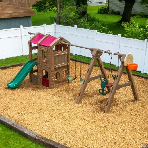 Step2 Naturally Playful Adventure Lodge Play Center with Glider, Kids Outdoor Playset, Two Tier Backyard Playground Set, Slide, Swings, Rope Ladder, Basketball Hoop, Jungle Gym, Children 3-8 Years Old - Step2 - Image 6