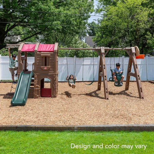 Step2 Naturally Playful Adventure Lodge Play Center with Glider, Kids Outdoor Playset, Two Tier Backyard Playground Set, Slide, Swings, Rope Ladder, Basketball Hoop, Jungle Gym, Children 3-8 Years Old - Step2 - Image 8