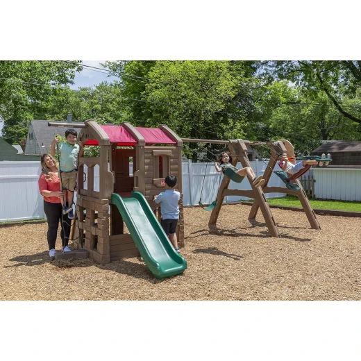 Step2 Naturally Playful Adventure Lodge Play Center with Glider, Kids Outdoor Playset, Two Tier Backyard Playground Set, Slide, Swings, Rope Ladder, Basketball Hoop, Jungle Gym, Children 3-8 Years Old - Step2 - Image 7