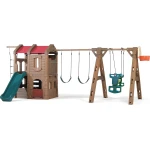 Step2 Naturally Playful Adventure Lodge Play Center with Glider, Kids Outdoor Playset, Two Tier Backyard Playground Set, Slide, Swings, Rope Ladder, Basketball Hoop, Jungle Gym, Children 3-8 Years Old - Step2
