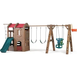 Step2 Naturally Playful Adventure Lodge Play Center with Glider, Kids Outdoor Playset, Two Tier Backyard Playground Set, Slide, Swings, Rope Ladder, Basketball Hoop, Jungle Gym, Children 3-8 Years Old