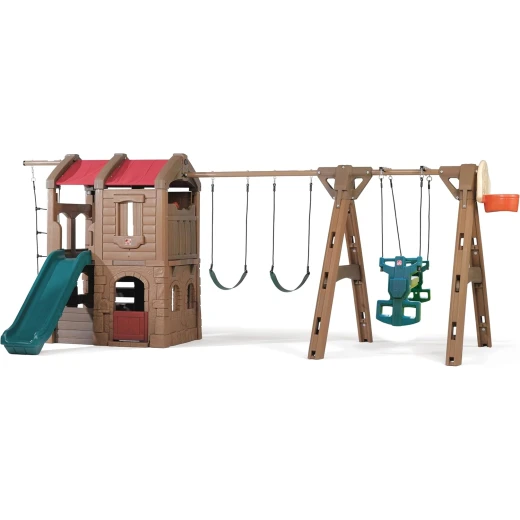 Step2 Naturally Playful Adventure Lodge Play Center with Glider, Kids Outdoor Playset, Two Tier Backyard Playground Set, Slide, Swings, Rope Ladder, Basketball Hoop, Jungle Gym, Children 3-8 Years Old Step2 Naturally Playful Adventure Lodge Play Center with Glider, Kids Outdoor Playset, Two Tier Backyard Playground Set, Slide, Swings, Rope Ladder, Basketball Hoop, Jungle Gym, Children 3-8 Years Old
