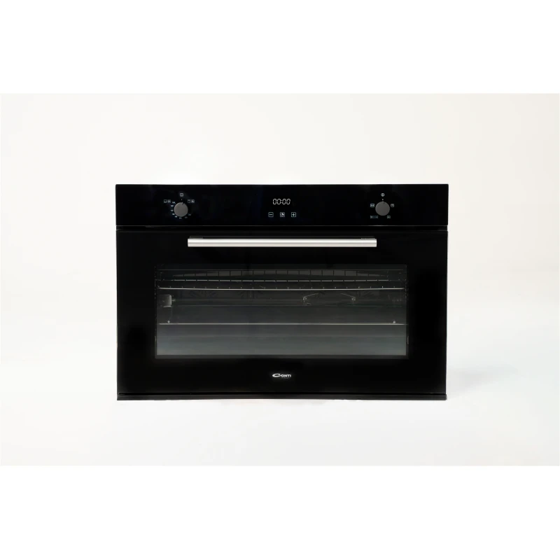 Conti black glass gas oven, 90 cm wide, with digital display and 4 cooking fans, gas grill and rotisserie, self-ignition and safety valve, telescopic shelf, soft-close door, easy-clean interior with two deep baking trays, Italian made 125-liter - Conti