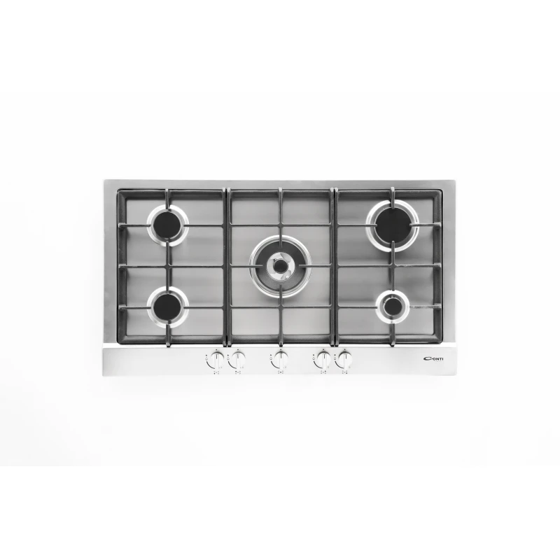 Conti gas hob, 5 burners with high-performance Defendi triple flame, heavy-duty cast iron pan supports, one-hand auto ignition and safety valve, durable stainless steel design, Italian made, 90 cm - Conti