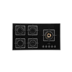 Conti Black Glass Gas Hob, 5 Burners with Defendi Triple Brass Burner, Heavy Cast Iron Pan Supports, One-Hand Auto Ignition, Safety Valve – Premium Italian Quality and Modern Kitchen Design 90 cm