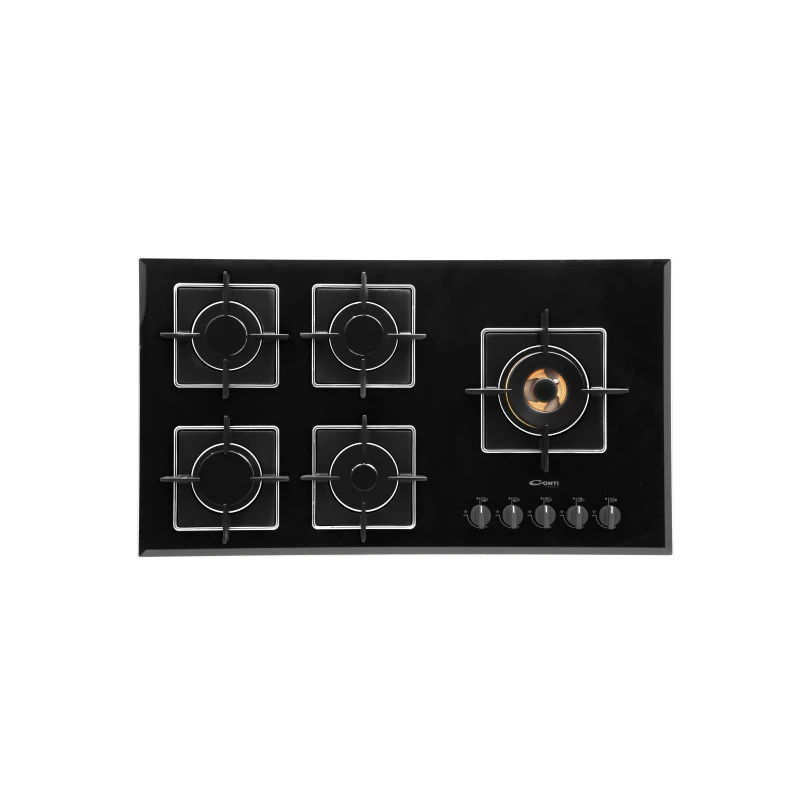 Conti Black Glass Gas Hob, 5 Burners with Defendi Triple Brass Burner, Heavy Cast Iron Pan Supports, One-Hand Auto Ignition, Safety Valve – Premium Italian Quality and Modern Kitchen Design 90 cm - Conti