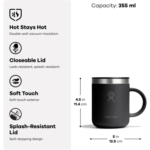 Hydro Flask 12oz Black Insulated Coffee Travel Mug with Handle Keeps Beverages Hot or Cold for Hours Double Wall Vacuum Insulation Durable Powder Coat Finish Perfect for Commuting - Hydro Flask - Image 3