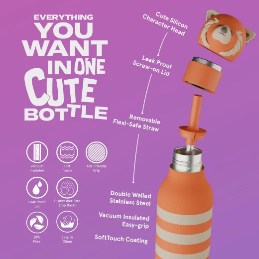 Asobu Bestie Red Panda Stripe Kids Water Bottle, Stainless Steel Insulated 500ml - Asobu - Image 5