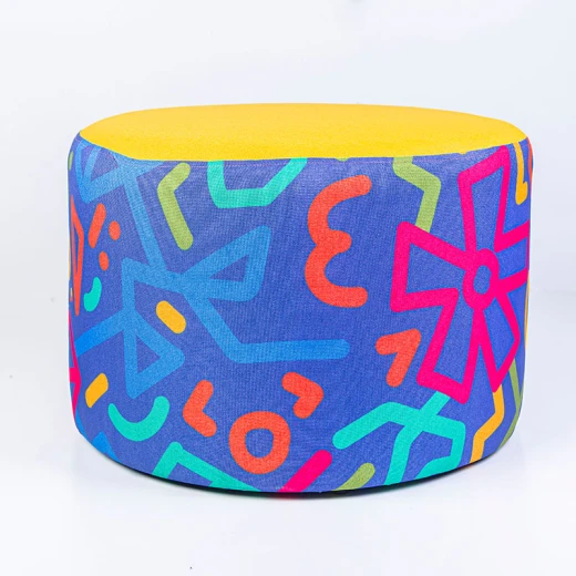 Playful Patterned Ottoman – Vibrant Blue & Yellow Geometric Design Large Playful Patterned Ottoman – Vibrant Blue & Yellow Geometric Design Large