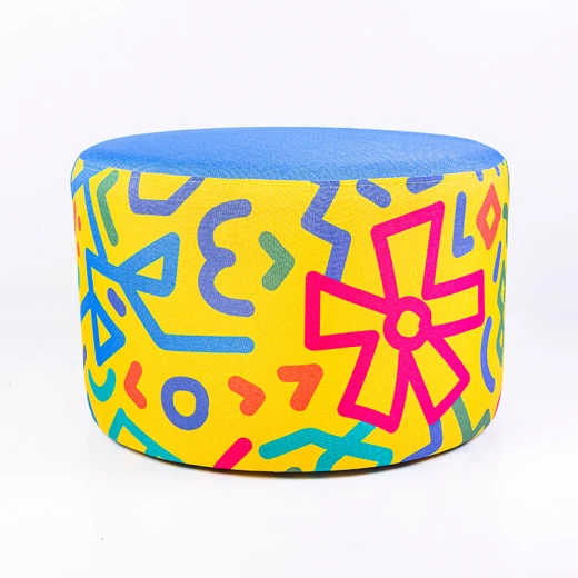 Playful Patterned Ottoman – Vibrant Yellow & Blue Geometric Design Small Size Playful Patterned Ottoman – Vibrant Yellow & Blue Geometric Design Small Size