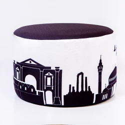 Modern Ottoman bench – an artistic design of Amman's landmarks in black and white (the Roman Amphitheater and the Citadel)