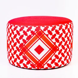 Medium Heritage Round Ottoman - Traditional Red & White "Hatta" Pattern with Geometric Accents