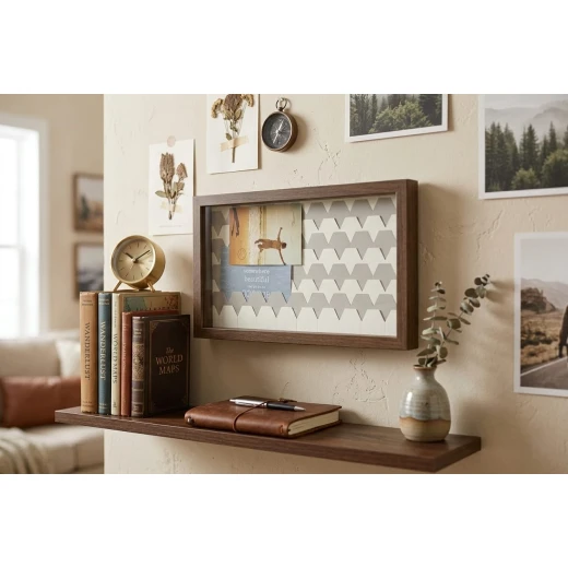 A stylish wooden frame with a modern geometric design featuring interlocking triangles in gray and white, measuring 45 x 27 cm, ideal for displaying photos and quotes, and adding a distinctive modern and artistic decorative touch to any interior space in the home A stylish wooden frame with a modern geometric design featuring interlocking triangles in gray and white, measuring 45 x 27 cm, ideal for displaying photos and quotes, and adding a distinctive modern and artistic decorative touch to any interior space in the home