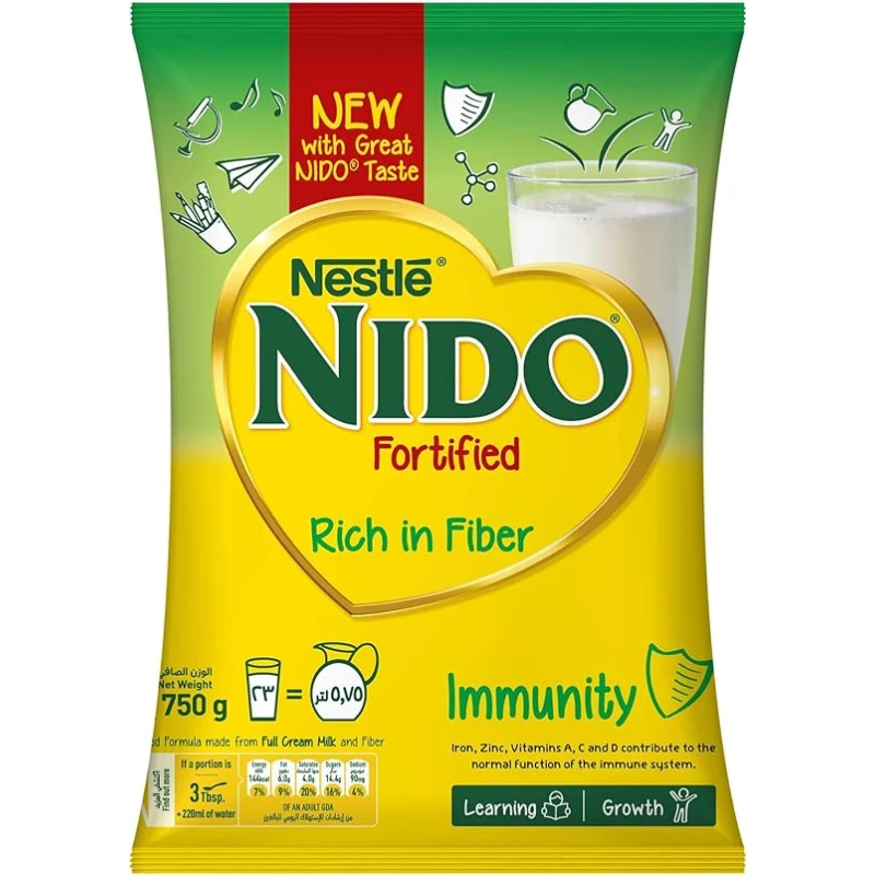 Nestlé Nido Fiber Enriched Milk Powder 750g Bag for Children, Delicious and Nutritious Instant Milk Drink with Added Fiber, Supports Healthy Digestion and Growth