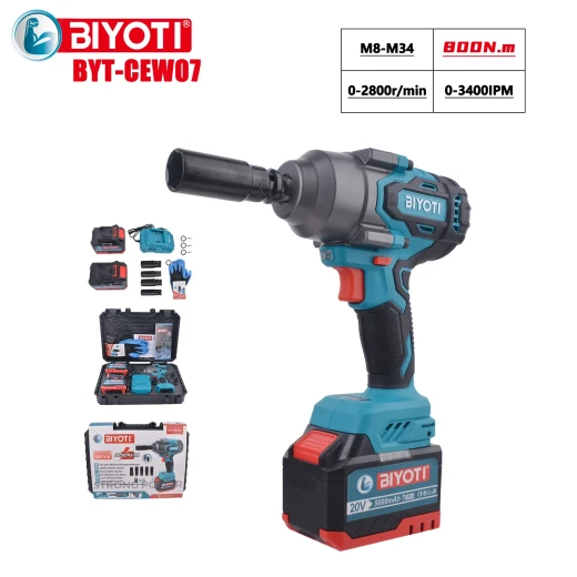 BIYOTI Cordless Impact Wrench 800N.m delivers powerful performance with 0-2400 RPM and 0-3400 IPM, ideal for automotive and heavy-duty tasks. High torque impact wrench, durable, efficient, and perfect for professional use. - BIYOTI - Image 2