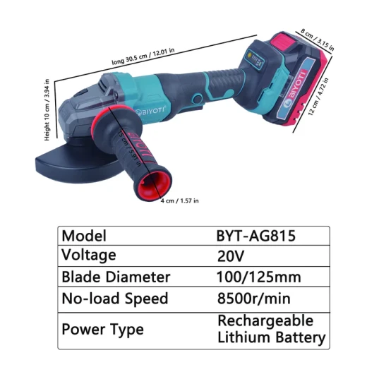 BIYOTI 20V Brushless Angle Grinder BYT-AG815 delivers powerful cordless cutting and grinding performance. High efficiency brushless motor, durable design, and ideal for professional and home use. - BIYOTI - Image 3