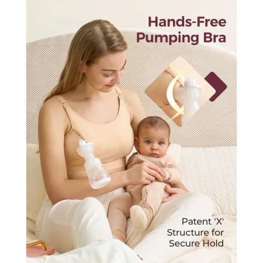 Momcozy Hands-Free Breastfeeding and Pumping Bra – Patent-protected design, comfortable all day, adjustable, suitable for breastfeeding, pumping, or both with all breast pumps, with cross-straps and detachable cups Beige x-large - Momcozy - Image 4