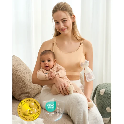 Momcozy Hands-Free Breastfeeding and Pumping Bra – Patent-protected design, comfortable all day, adjustable, suitable for breastfeeding, pumping, or both with all breast pumps, with cross-straps and detachable cups Beige x-large - Momcozy - Image 3
