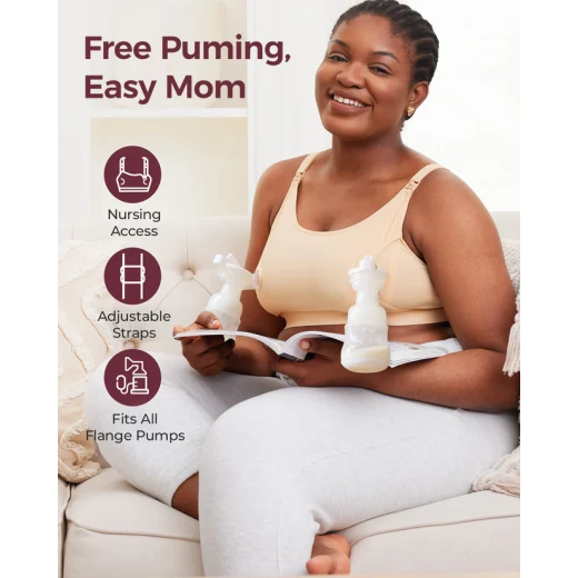 Momcozy Hands-Free Breastfeeding and Pumping Bra – Patent-protected design, comfortable all day, adjustable, suitable for breastfeeding, pumping, or both with all breast pumps, with cross-straps and detachable cups Beige x-large - Momcozy - Image 5