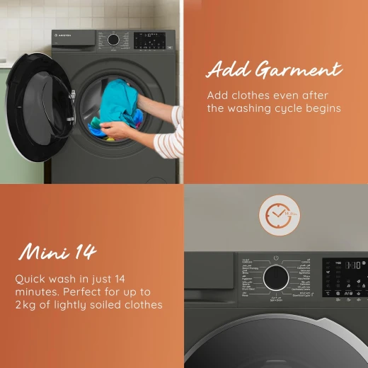 غسالة أريستون ذات التحميل الأمامي سعة 10 كجم، 1400 دورة في الدقيقة، مزودة بتقنية البخار، ومحرك برو سمارت العاكس، وتطبيق واي فاي هوم ويز، وخاصية إضافة الملابس، وبرنامج الغسيل السريع ميني 14، صنع في تركيا، لون رمادي مانهاتن ARWF 10143D MMJ - اريستون - Image 2