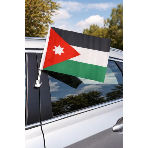 علم سيارة الأردن مقاس 30×40 سم مع حامل نافذة ومشبك تثبيت – مصنوع من قماش بوليستر متين مقاوم للهواء والرياح، ألوان زاهية ثابتة، مثالي للتركيب على السيارات في المناسبات الوطنية والاحتفالات علم سيارة الأردن مقاس 30×40 سم مع حامل نافذة ومشبك تثبيت – مصنوع من قماش بوليستر متين مقاوم للهواء والرياح، ألوان زاهية ثابتة، مثالي للتركيب على السيارات في المناسبات الوطنية والاحتفالات