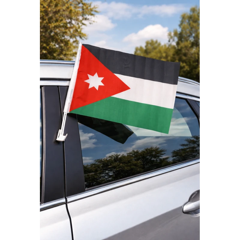 علم سيارة الأردن مقاس 30×40 سم مع حامل نافذة ومشبك تثبيت – مصنوع من قماش بوليستر متين مقاوم للهواء والرياح، ألوان زاهية ثابتة، مثالي للتركيب على السيارات في المناسبات الوطنية والاحتفالات - لولو شوب