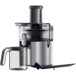 عصارة براون MultiJuice 7 SJ7000 بقوة 1000 واط، تصميم ستانلس ستيل رمادي أنيق، فتحة إدخال واسعة 75 مم، تقنية FastXtract وColdXtract لاستخلاص سريع مع الحفاظ على الفيتامينات، مثالية لتحضير عصائر طازجة بسهولة