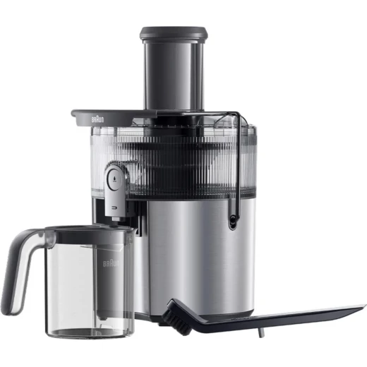 عصارة براون MultiJuice 7 SJ7000 بقوة 1000 واط، تصميم ستانلس ستيل رمادي أنيق، فتحة إدخال واسعة 75 مم، تقنية FastXtract وColdXtract لاستخلاص سريع مع الحفاظ على الفيتامينات، مثالية لتحضير عصائر طازجة بسهولة