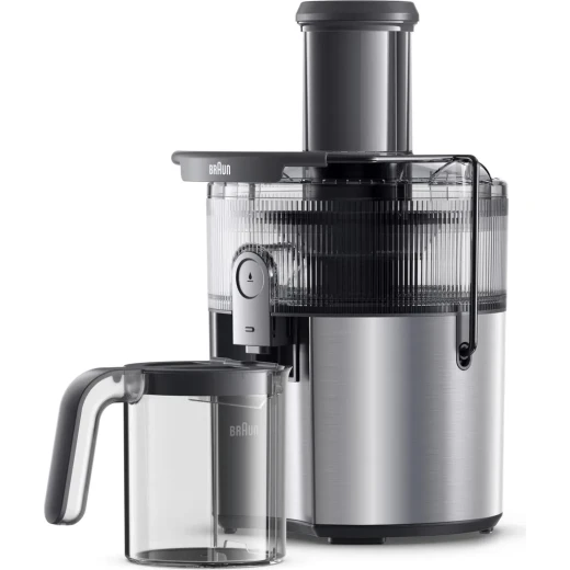عصارة براون MultiJuice 7 SJ7000 بقوة 1000 واط، تصميم ستانلس ستيل رمادي أنيق، فتحة إدخال واسعة 75 مم، تقنية FastXtract وColdXtract لاستخلاص سريع مع الحفاظ على الفيتامينات، مثالية لتحضير عصائر طازجة بسهولة - Image 4