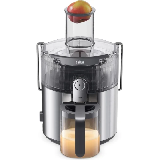 عصارة براون MultiJuice 7 SJ7000 بقوة 1000 واط، تصميم ستانلس ستيل رمادي أنيق، فتحة إدخال واسعة 75 مم، تقنية FastXtract وColdXtract لاستخلاص سريع مع الحفاظ على الفيتامينات، مثالية لتحضير عصائر طازجة بسهولة - Image 5