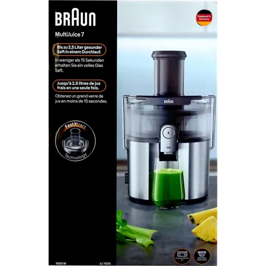 عصارة براون MultiJuice 7 SJ7000 بقوة 1000 واط، تصميم ستانلس ستيل رمادي أنيق، فتحة إدخال واسعة 75 مم، تقنية FastXtract وColdXtract لاستخلاص سريع مع الحفاظ على الفيتامينات، مثالية لتحضير عصائر طازجة بسهولة - Image 2