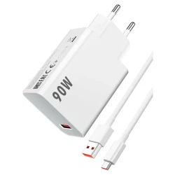شاحن شاومي 90W HyperCharge Combo شاحن حائط سريع جداً مع كابل USB-C تقنية شحن فائق السرعة 90 واط للأجهزة الذكية والهواتف والتابلت، لون أبيض