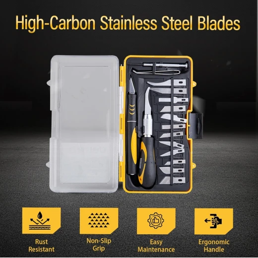 Deli DL-DP1 16 Piece Craft Knife Set, SK5 Steel Blades, Black and Yellow - Deli - Image 4