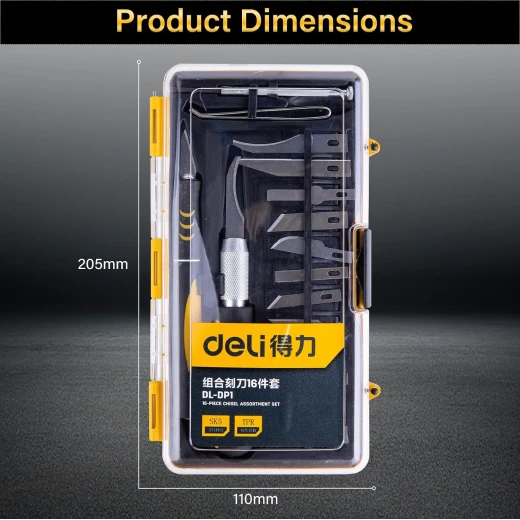 Deli DL-DP1 16 Piece Craft Knife Set, SK5 Steel Blades, Black and Yellow - Deli - Image 2