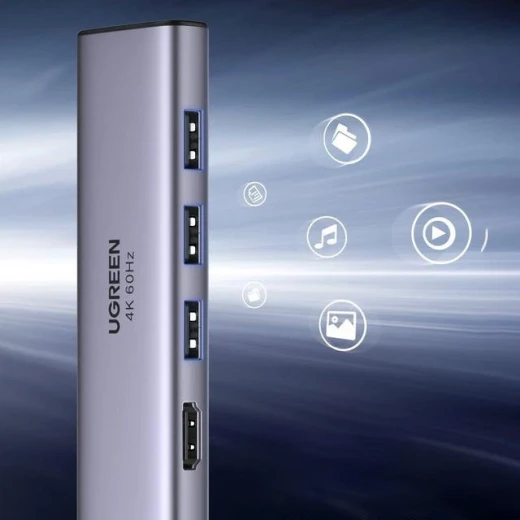 محول يو جرين 6 في 1 بمنفذ USB-C، منفذ HDMI، 3 منافذ USB 3.0، قارئ بطاقات SD/TF، رمادي - يوجرين - Image 2