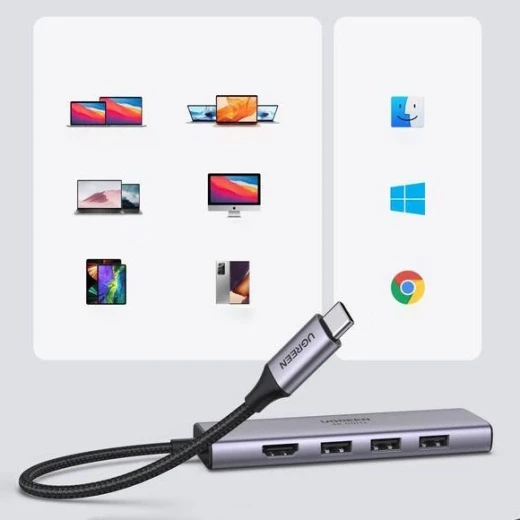 محول يو جرين 6 في 1 بمنفذ USB-C، منفذ HDMI، 3 منافذ USB 3.0، قارئ بطاقات SD/TF، رمادي - يوجرين - Image 3