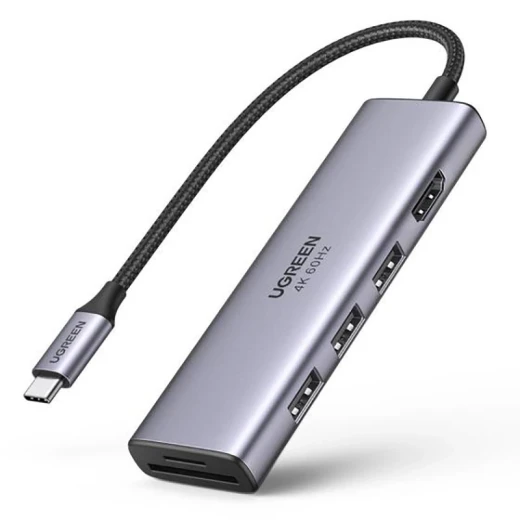 محول يو جرين 6 في 1 بمنفذ USB-C، منفذ HDMI، 3 منافذ USB 3.0، قارئ بطاقات SD/TF، رمادي - يوجرين - Image 7