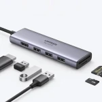 محول يو جرين 6 في 1 بمنفذ USB-C، منفذ HDMI، 3 منافذ USB 3.0، قارئ بطاقات SD/TF، رمادي - يوجرين