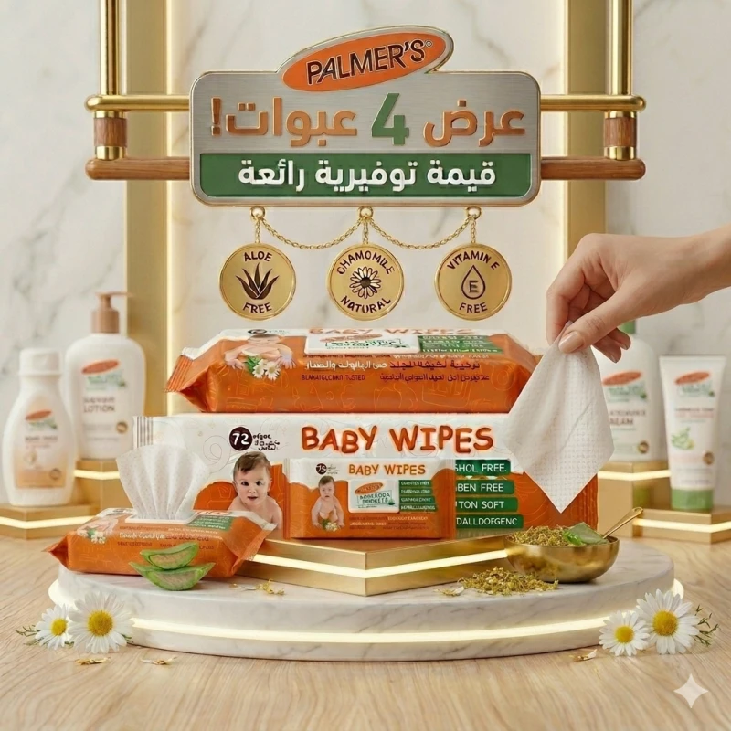 بالمرز مناديل الأطفال المبللة باقة اقتصادية – 3 عبوات حجم كبير + 1 عبوة حجم صغير للسفر – مناديل لطيفة للأطفال مع الألوفيرا والبابونج وفيتامين هـ للبشرة الحساسة - بالمرز