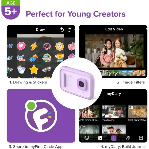 ماي فرست كاميرا 50 للأطفال – كاميرا رقمية بدقة 20 ميجابكسل لالتقاط الصور، تصوير فيديو 1080P، لون بنفسجي، تصميم آمن وسهل الاستخدام للأطفال، مناسبة للإبداع وتوثيق الذكريات وتجربة تعليمية ممتعة - ماي فرست - Image 5