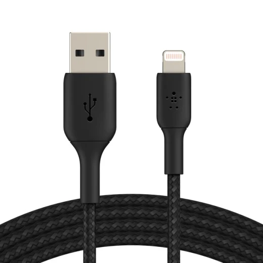 كابل شحن Belkin BoostCharge مضفر لجهاز iPhone، أسود بطول 3.3 قدم كابل شحن Belkin BoostCharge مضفر لجهاز iPhone، أسود بطول 3.3 قدم