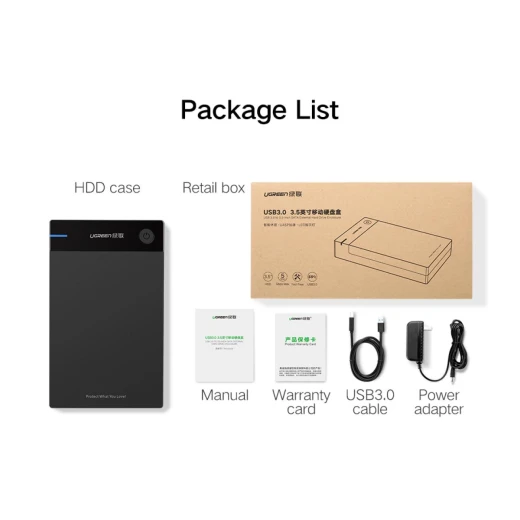علبة قرص صلب خارجي UGREEN US222-50424B لتوصيل USB 3.0 إلى SATA، علبة قرص صلب مع محول طاقة 12 فولت 2 أمبير - أسود - يوجرين - Image 2