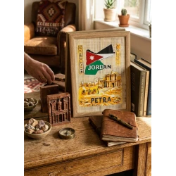 Decorative Petra-inspired wooden wall panel with papyrus layer, Nabataean botanical patterns, Jordan flag, “JORDAN” and “PETRA” typography, raised Al-Khazneh engraving, premium 3D heritage decor, 47 × 35 cm
