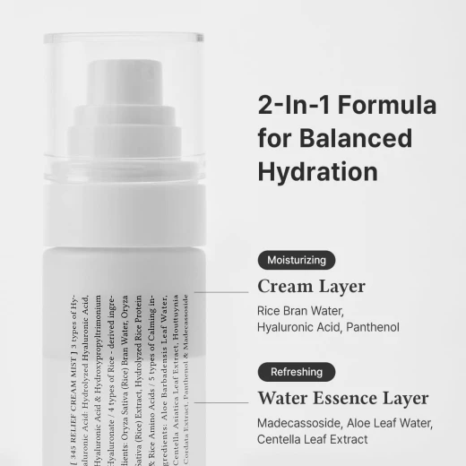 بخاخ الوجه المرطب د. ألثيا 345 Relief Cream Mist بخلاصة الأرز للعناية بالبشرة الحساسة، عناية كورية نباتية، 2.02 أونصة سائلة - دكتور ألثيا - Image 2