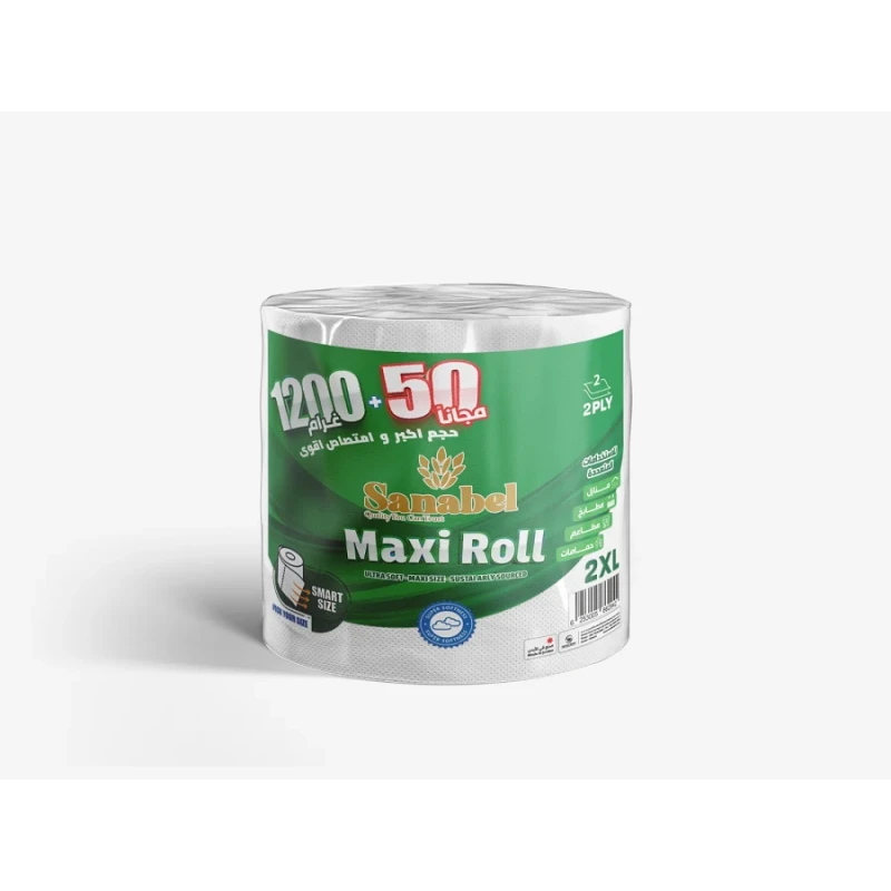 Sanabel Maxi Roll 1200g + 50g Free - 2 Ply High Absorbency Paper Towel Roll for Home and Commercial Use - Sanabel