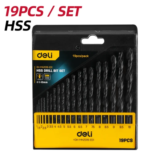 Deli Tools DH-MHZ019-ED1 HSS Drill Bit Set 19 Pieces for Metal, Wood, Plastic Deli Tools DH-MHZ019-ED1 HSS Drill Bit Set 19 Pieces for Metal, Wood, Plastic